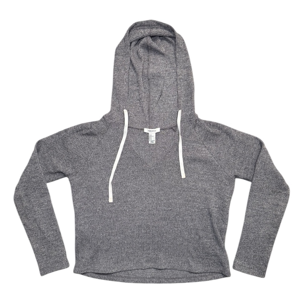 Forever 21 Grey Ribbed Knit Cropped Hoodie V-Neck High Low Pullover - Small